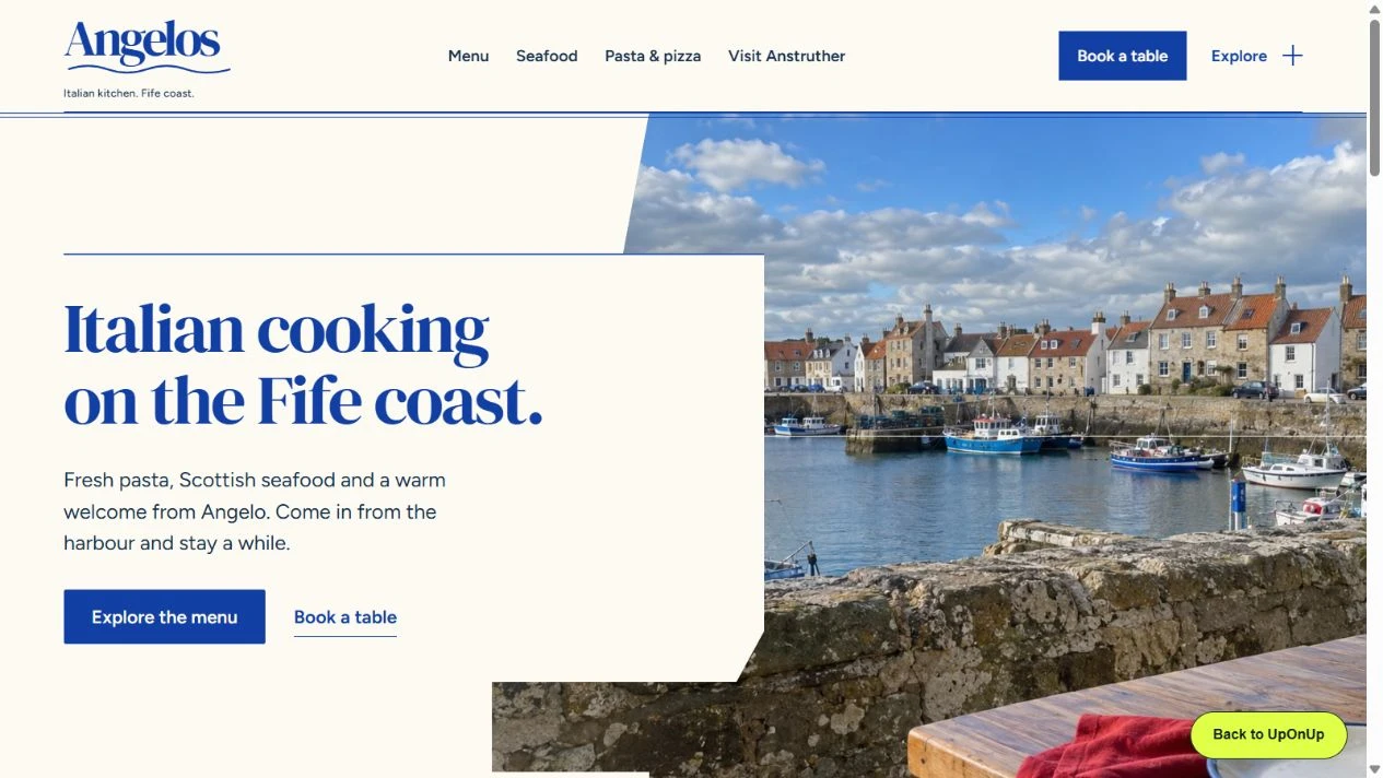 Angelos homepage, showing the website’s identity, design and navigation