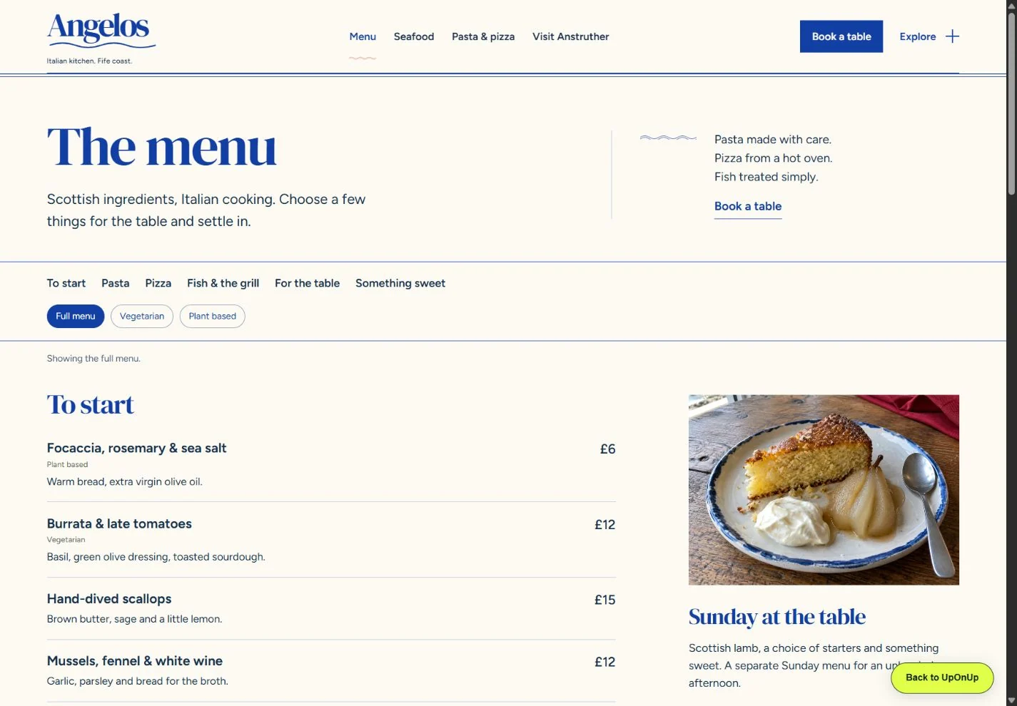 The Angelos menu page with meal sections, dietary filters and dish prices