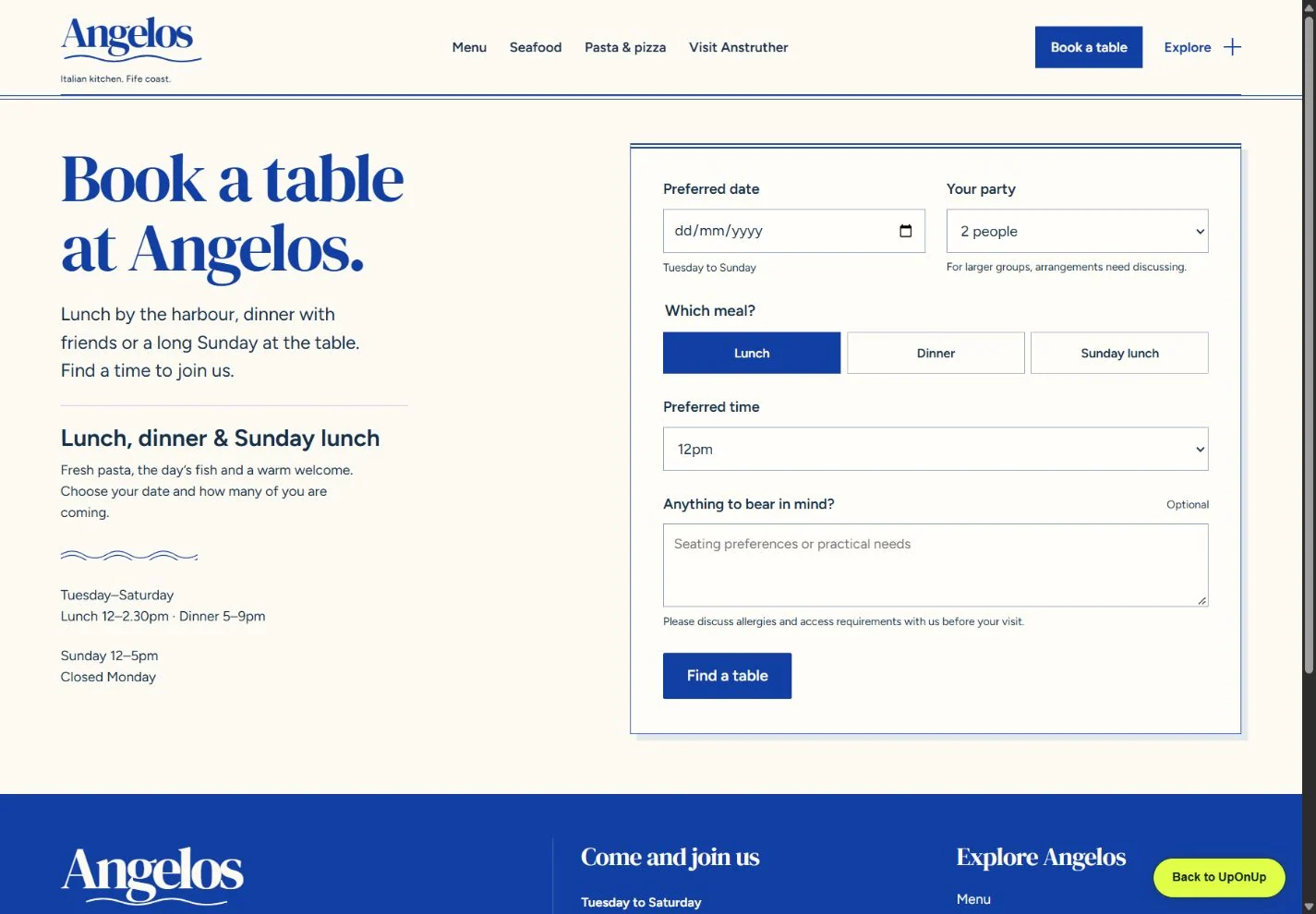 The Angelos reservation form with service, date, party size and preferred time
