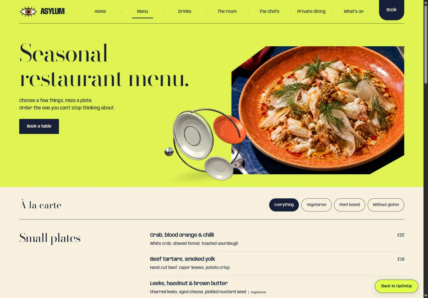 Asylum menu page showing dietary filters and dish descriptions