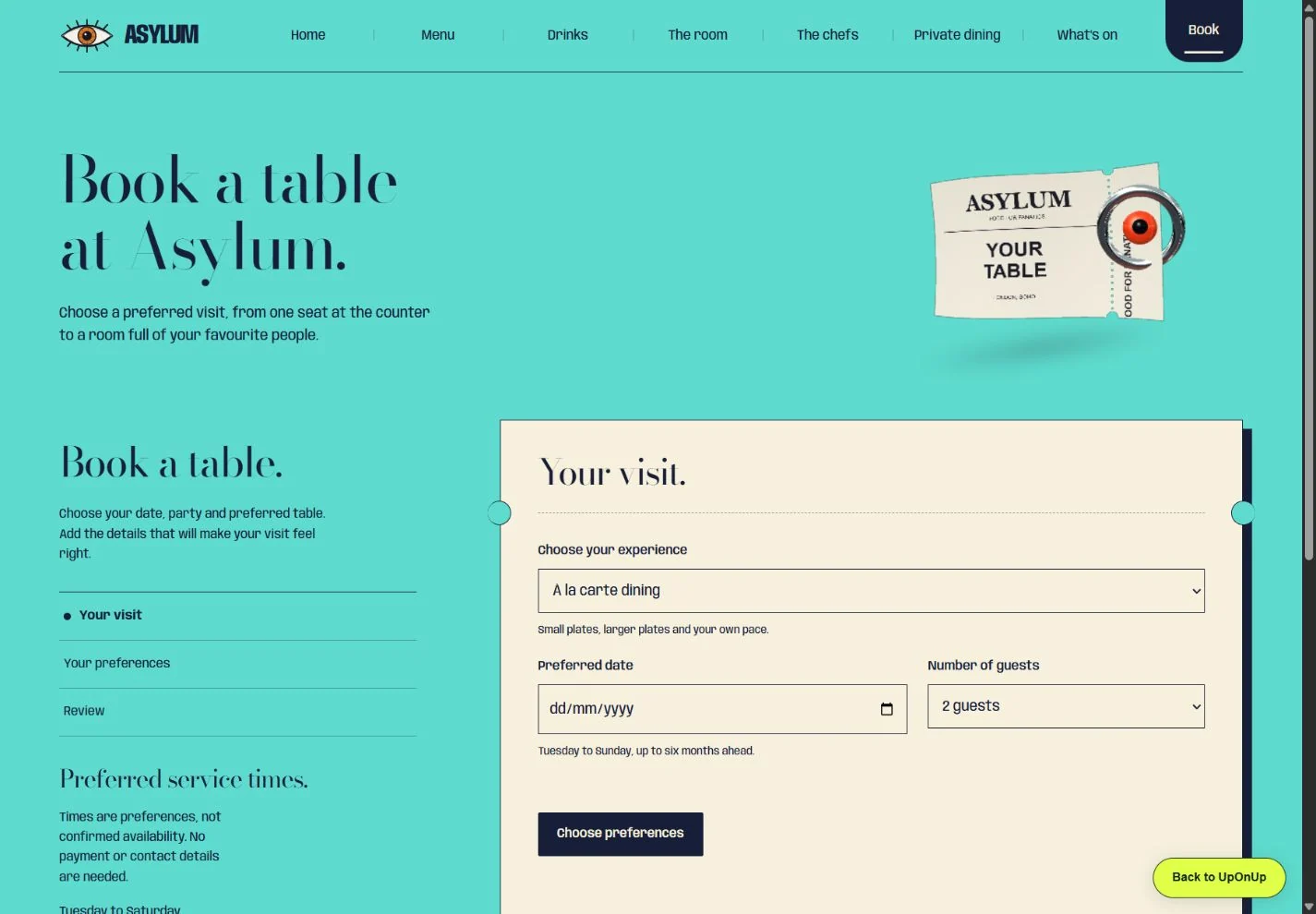 Asylum visit planner with experience, date and party-size choices