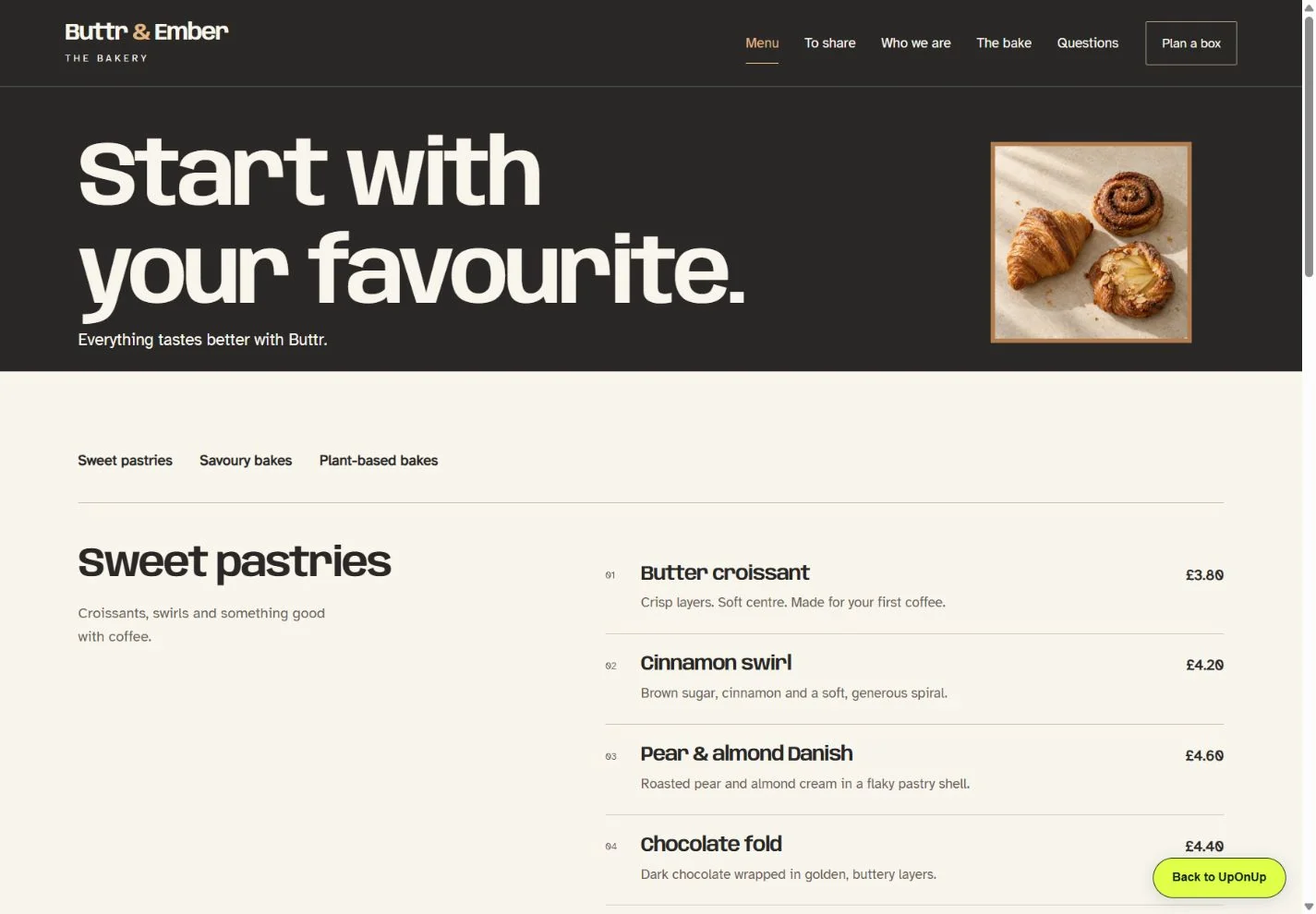 Buttr and Ember menu page showing pastry names, descriptions and prices