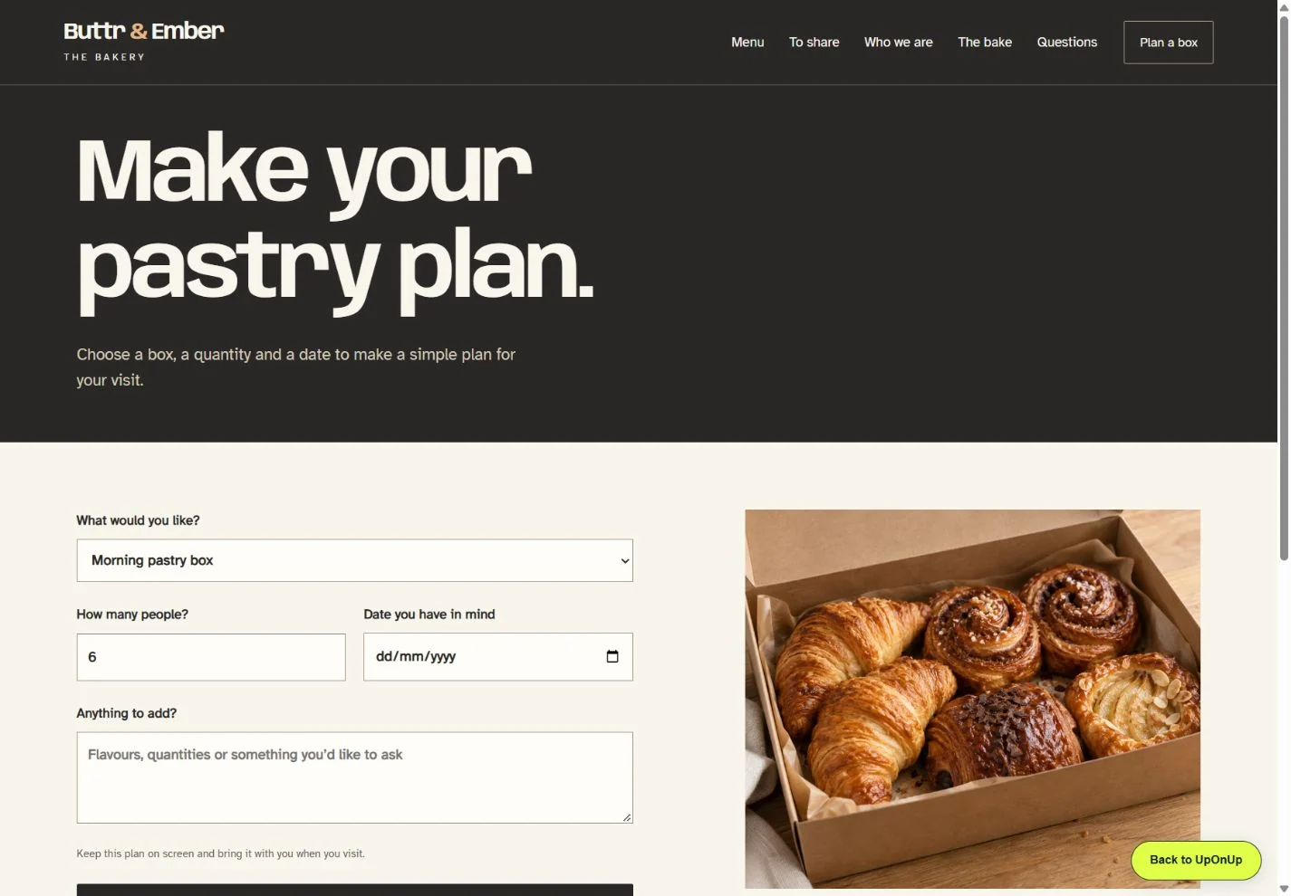 Buttr and Ember bakery pickup planner with box, group size and date choices