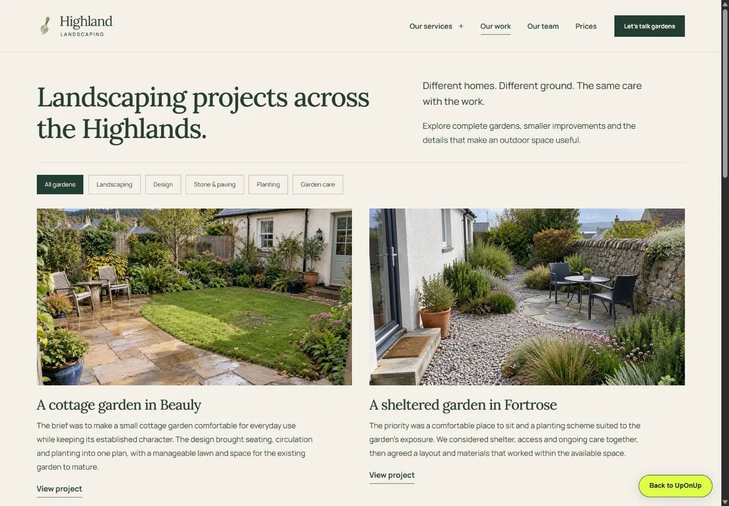 Highland Landscaping website gallery showing garden filters and project descriptions