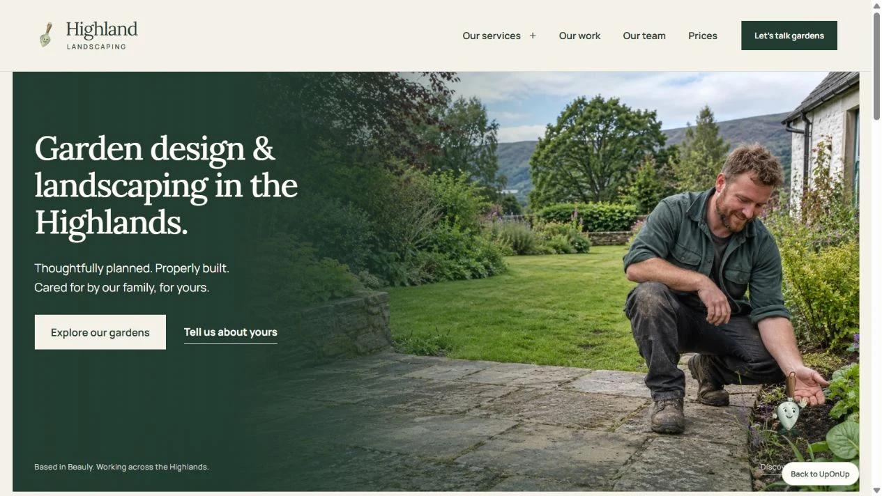 Highland Landscaping homepage showing its original identity and navigation