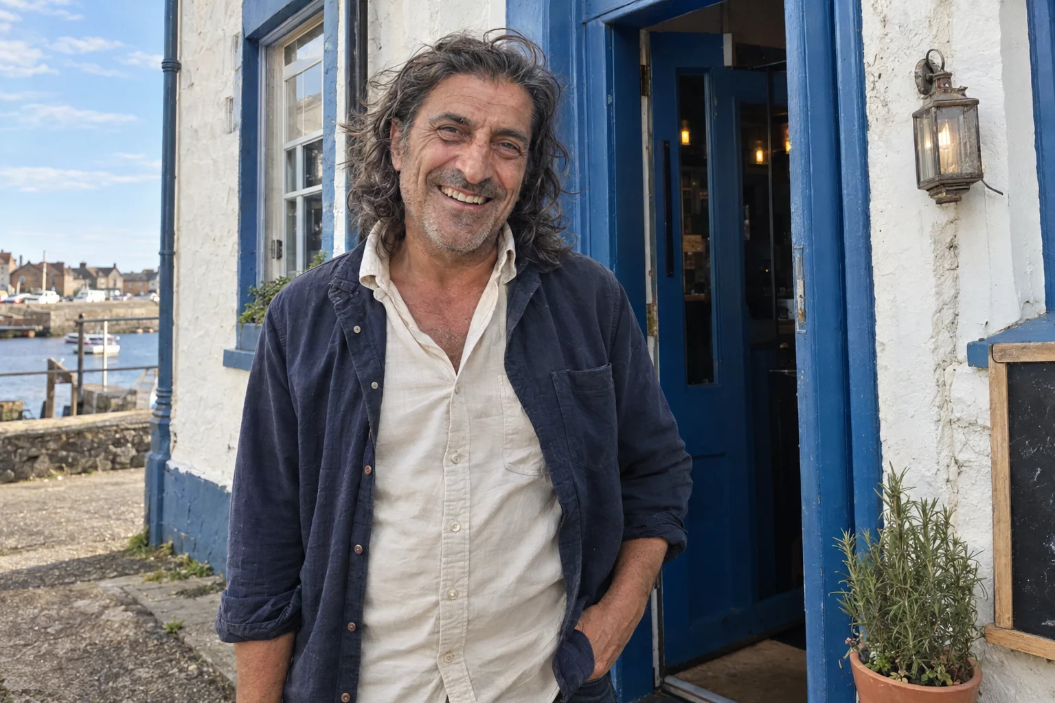 Angelo Rossi smiling in the restaurant doorway