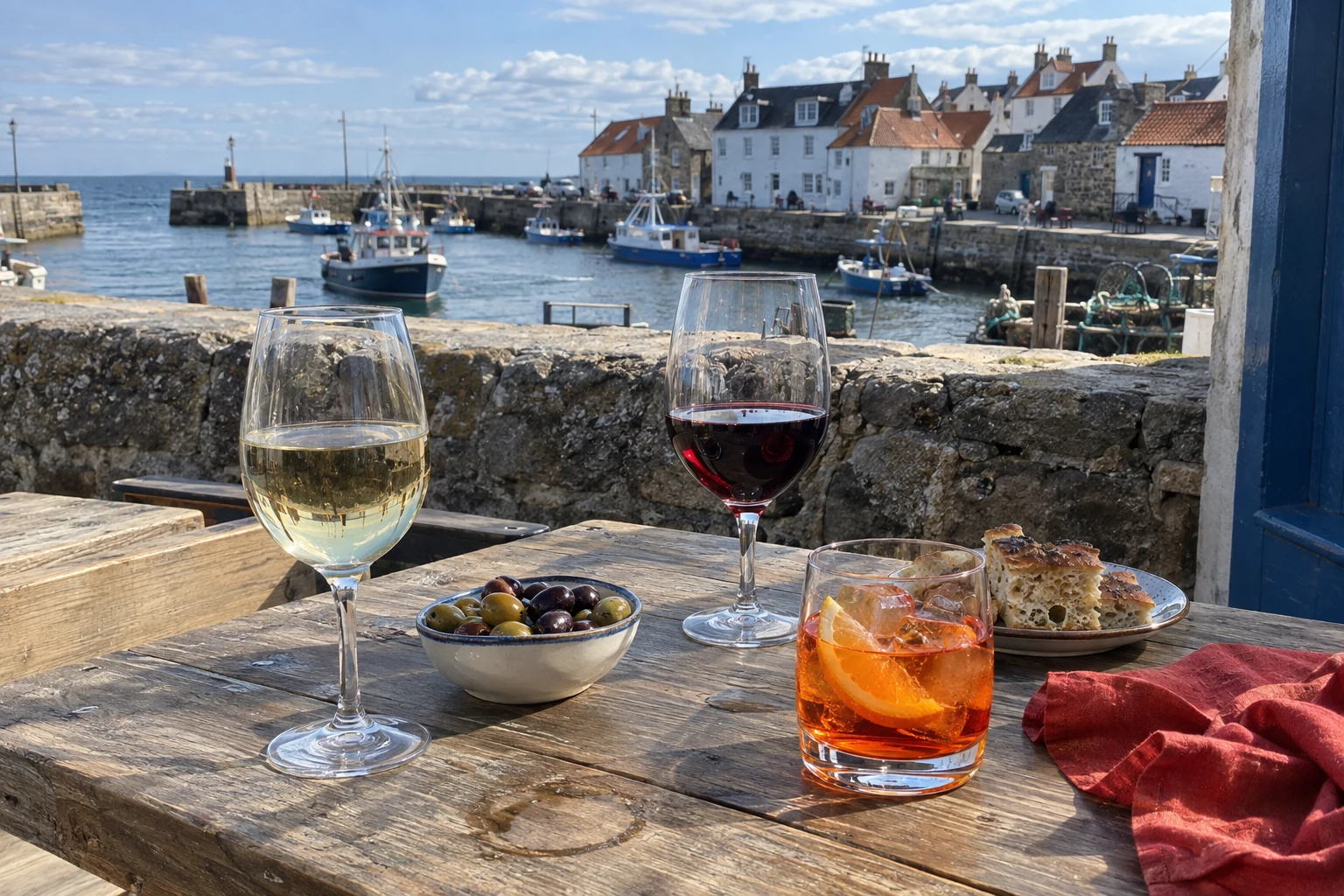 An aperitivo and a glass of white wine on a harbour-side restaurant table