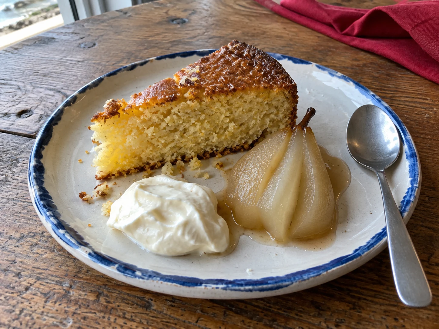 Olive oil cake with poached pear and crème fraîche on a blue-rimmed plate