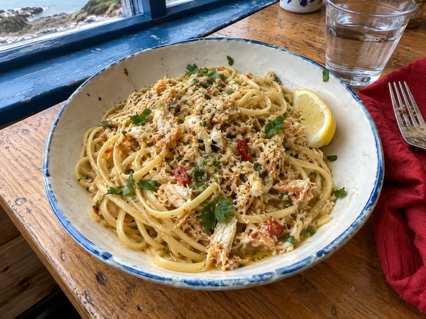 Brown crab linguine with parsley, lemon and chilli on a blue-rimmed plate