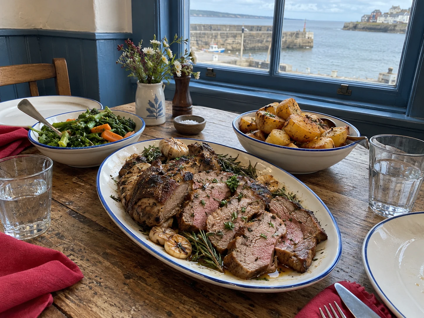 Slow-cooked lamb, roast potatoes and seasonal vegetables on an Italian Sunday table