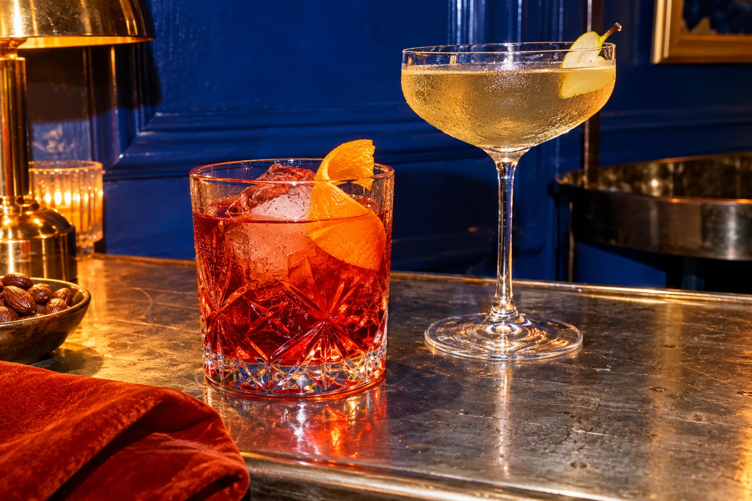 A deep red cocktail in cut crystal with a citrus garnish