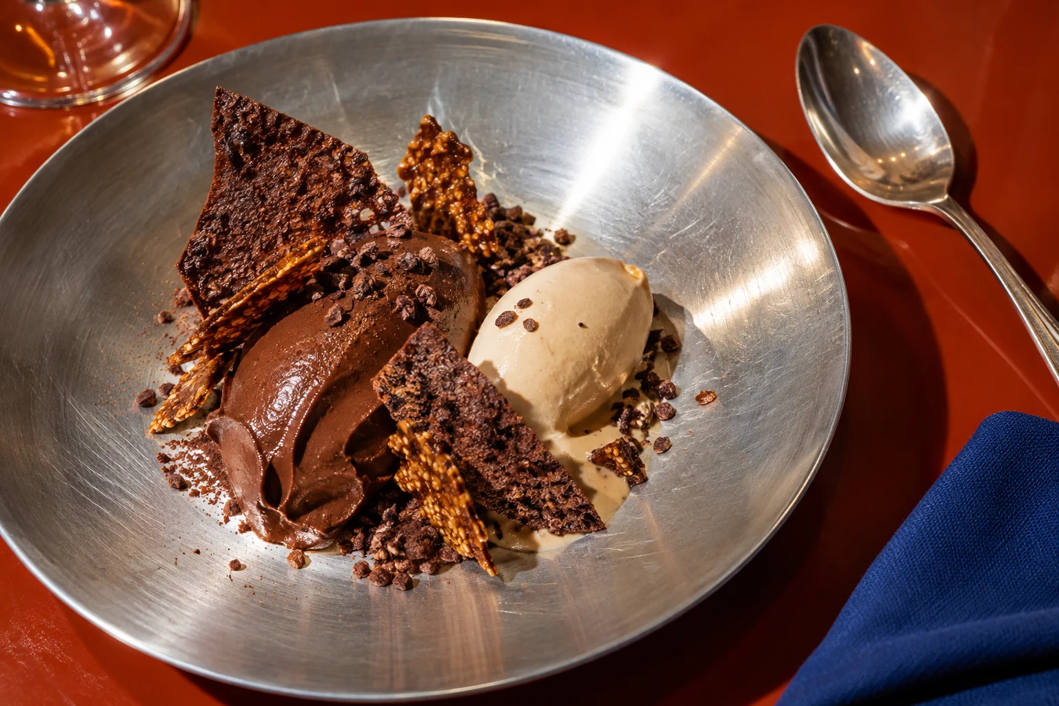 Dark chocolate dessert with olive oil and sea salt