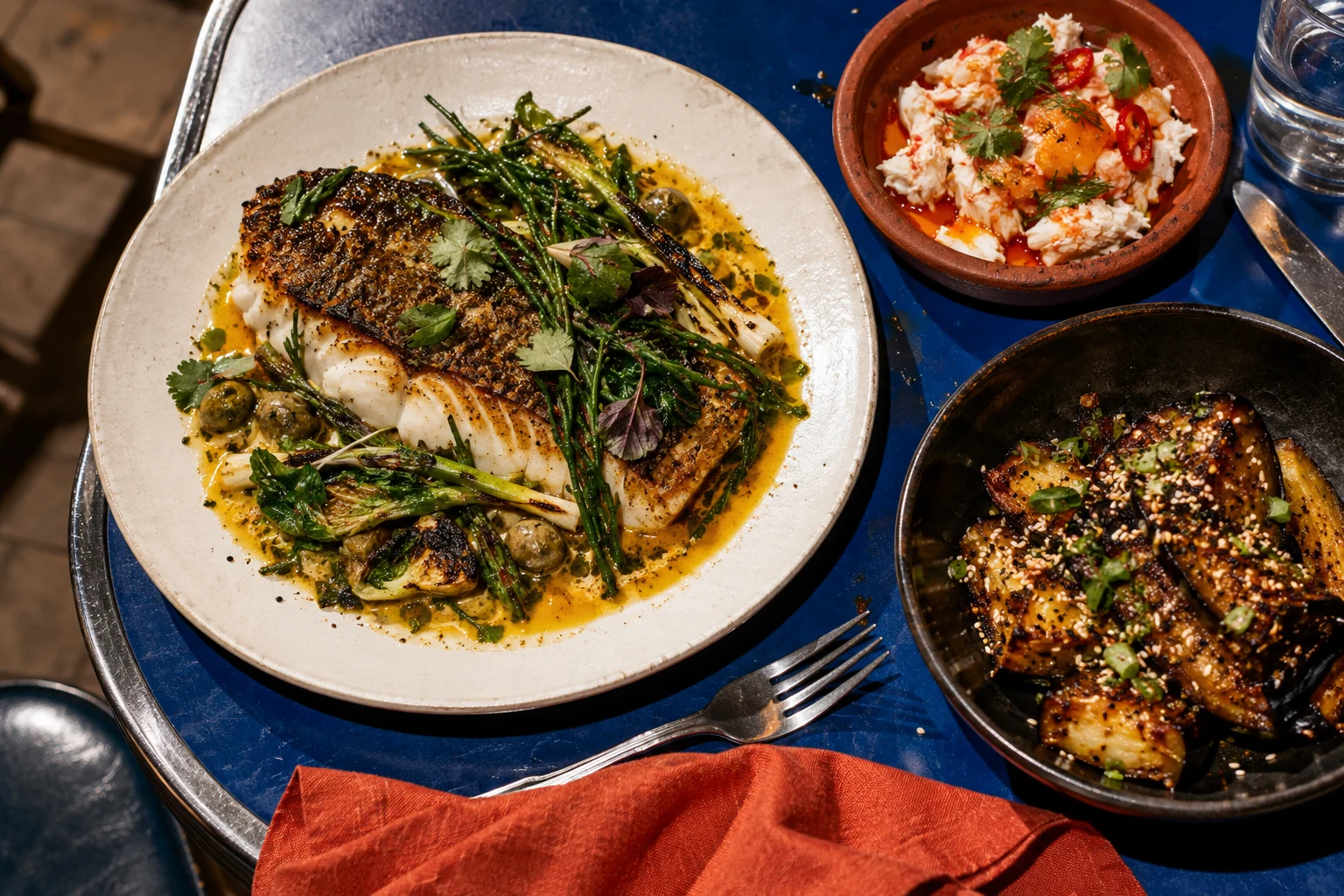 A considered arrangement of vivid seasonal dishes on the Asylum table
