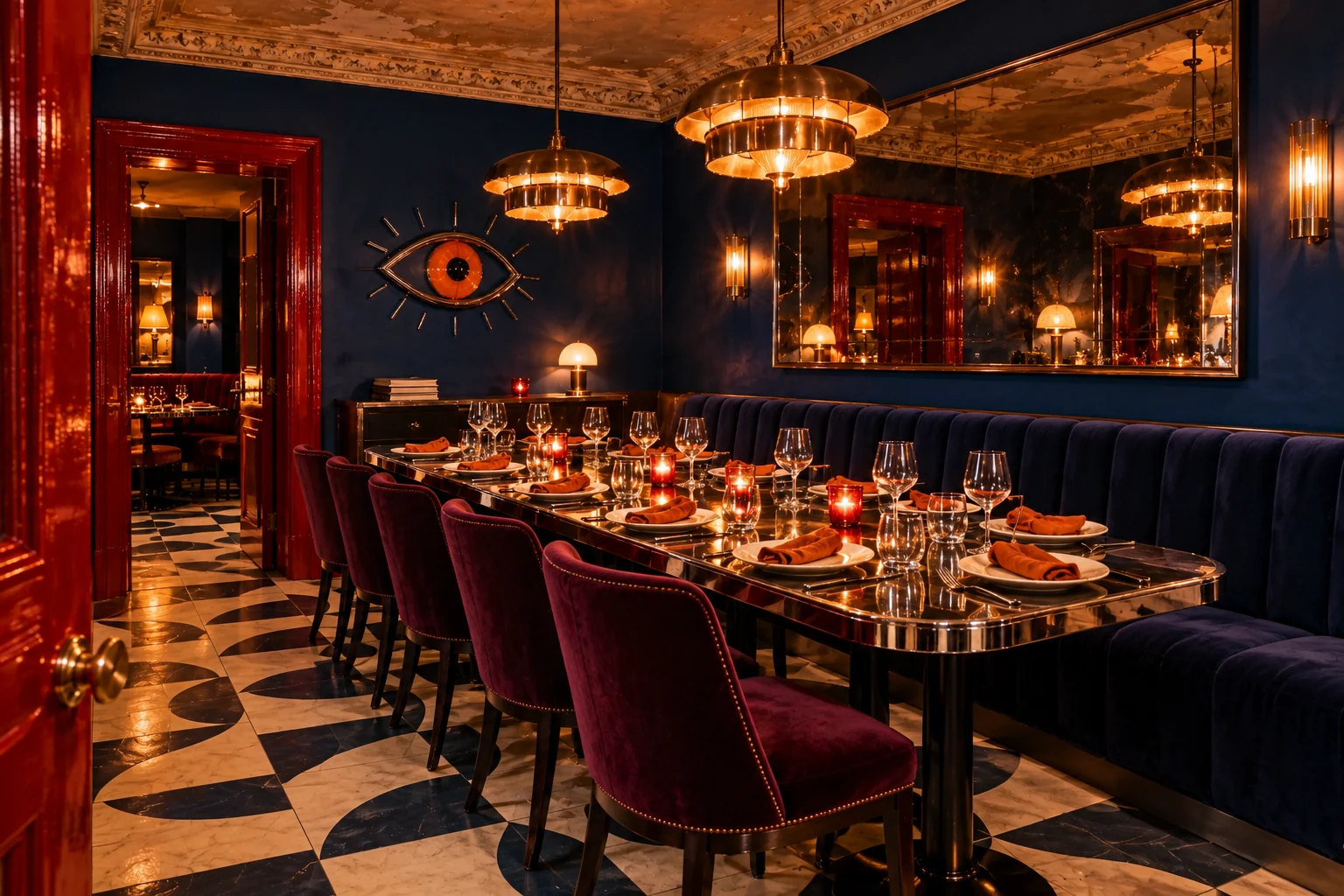 Asylum’s private dining space with a long table and vivid colours