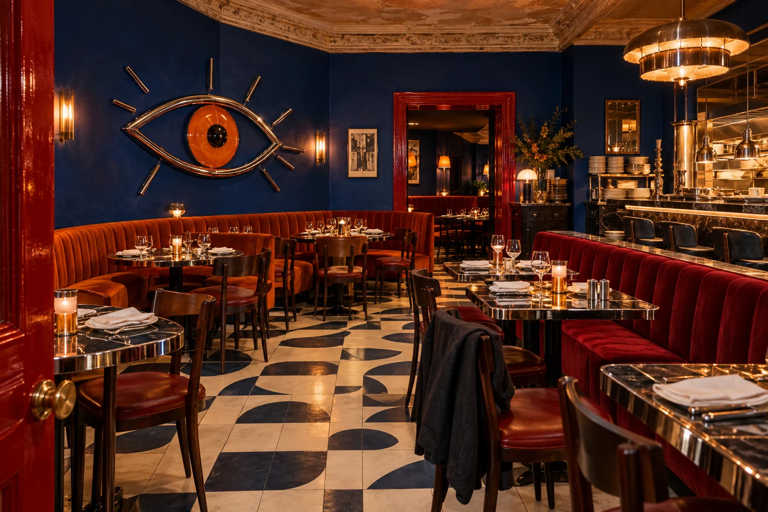 The colourful Asylum dining room with chrome details and intimate tables
