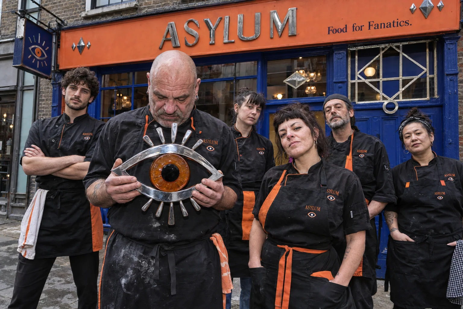 The six Asylum chefs outside their restaurant, with the two head chefs at the front