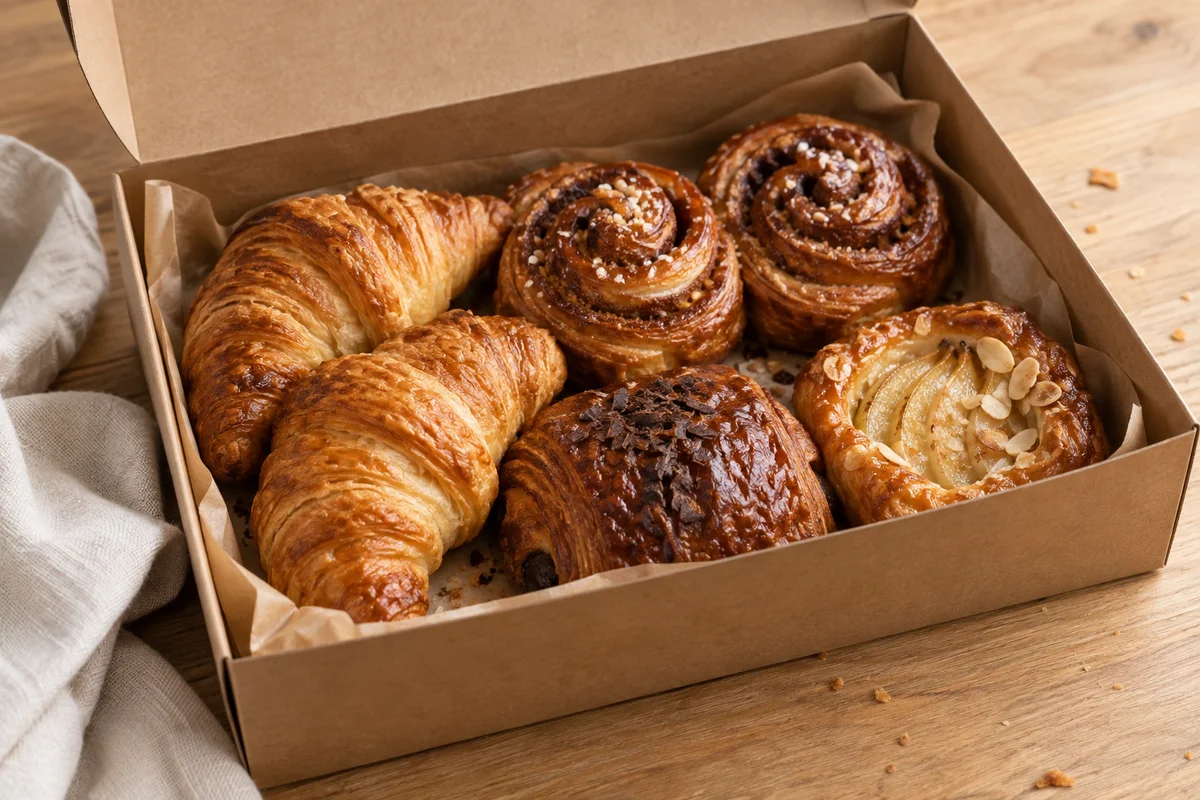 A box of croissants, cinnamon buns and filled pastries
