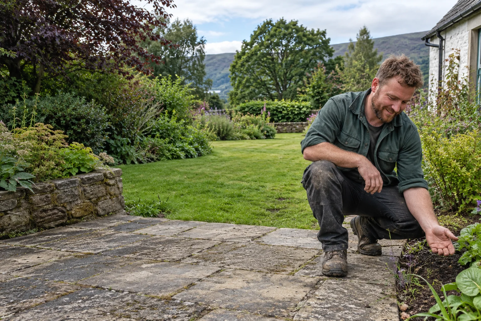 Euan working in a bright Highland garden beside a planted border