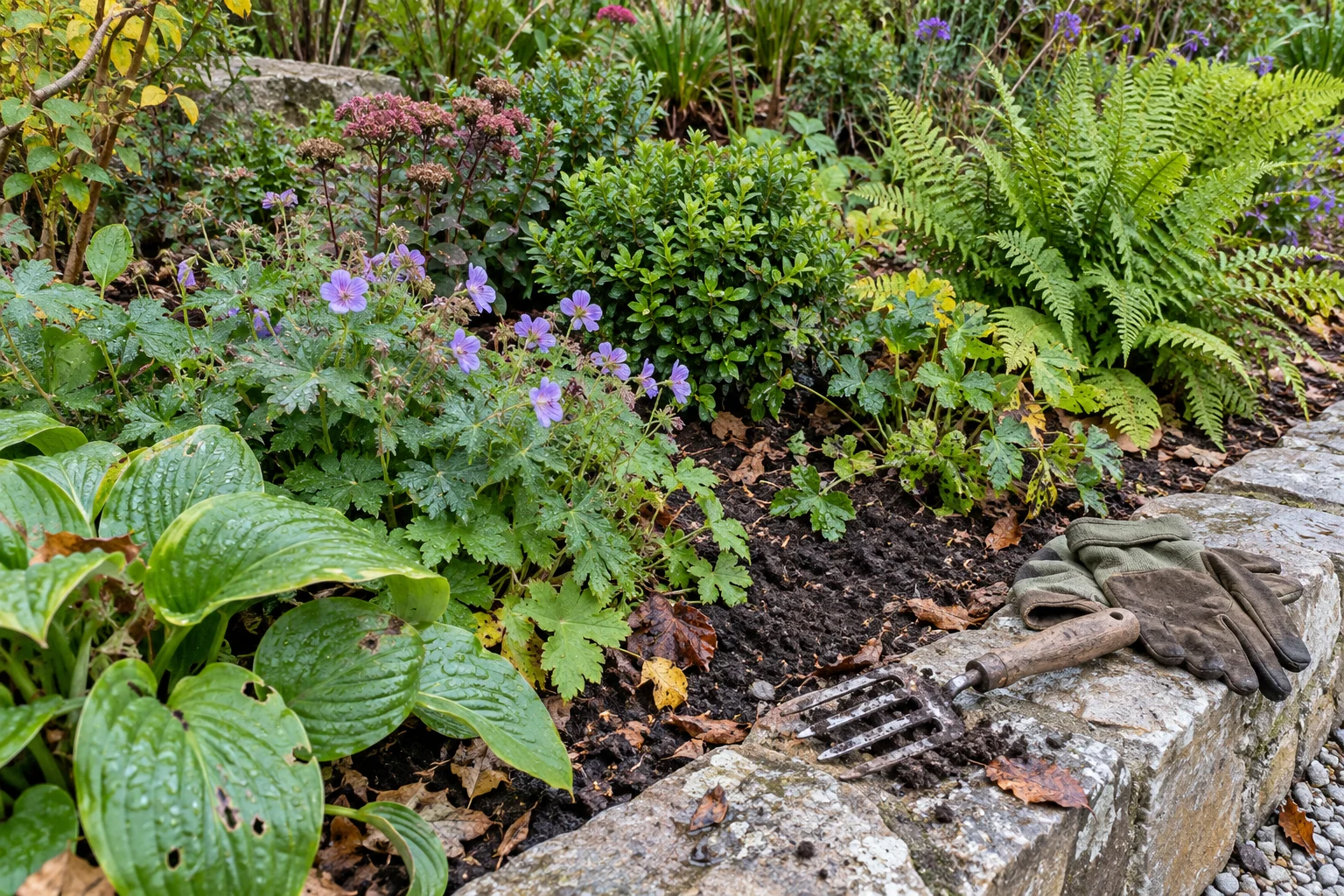 Natural mixed border planting with textured leaves, seed heads and flowers in a Highland garden