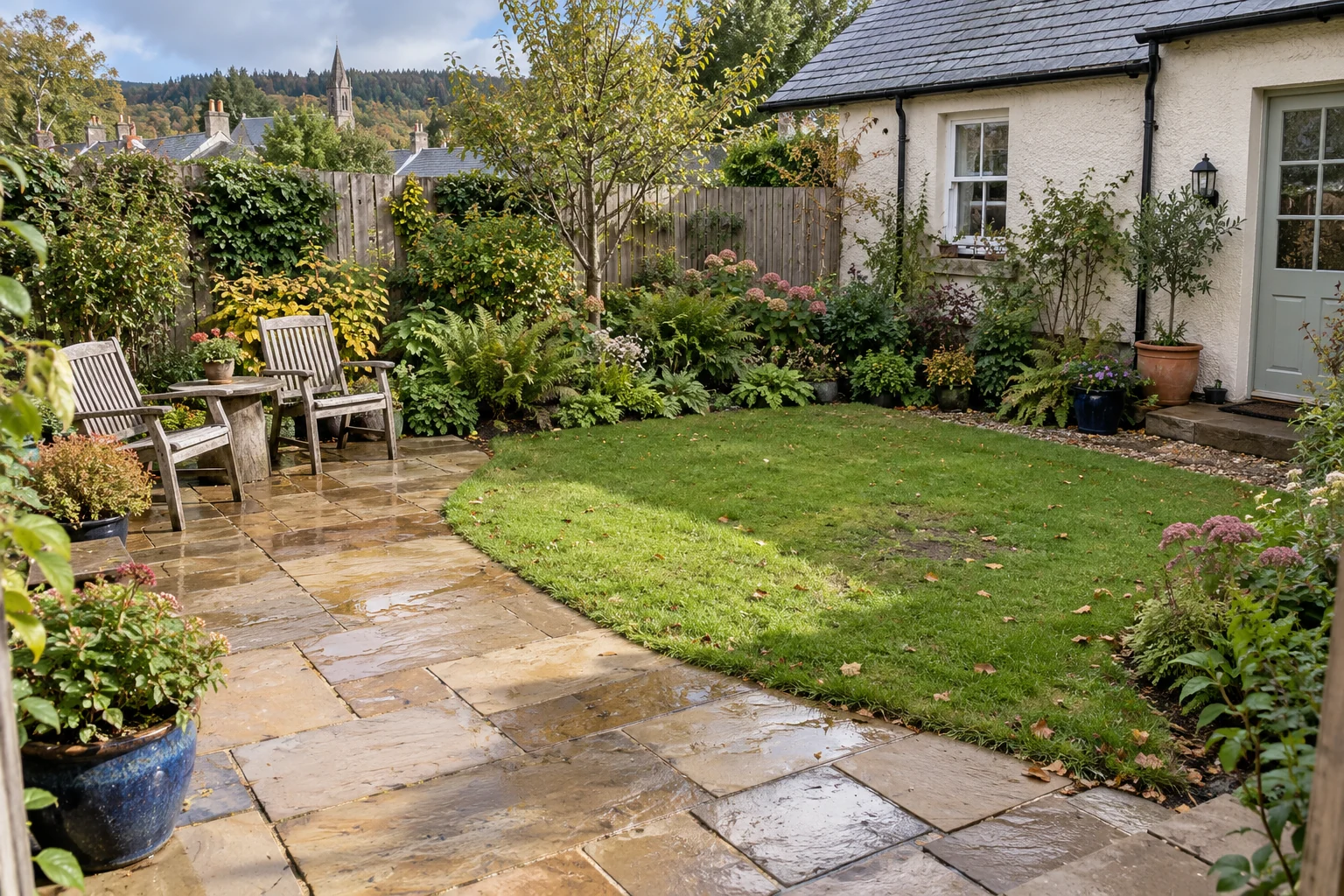 A Beauly cottage garden with a curved lawn, stone paving, wooden chairs and mixed borders