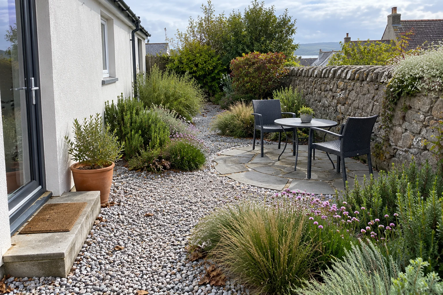 A planted seating garden in Fortrose with sheltered borders and a simple path