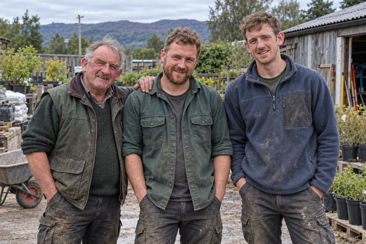 Alasdair, Euan and Callum MacRae in outdoor work clothes in a Highland garden
