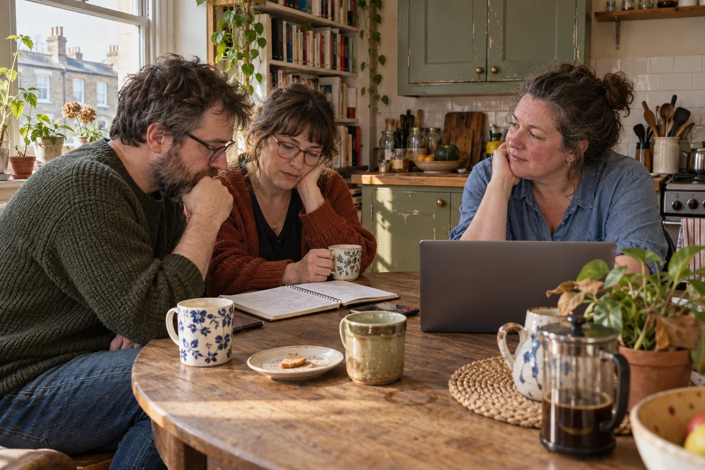 Three people talking through paperwork around a kitchen table