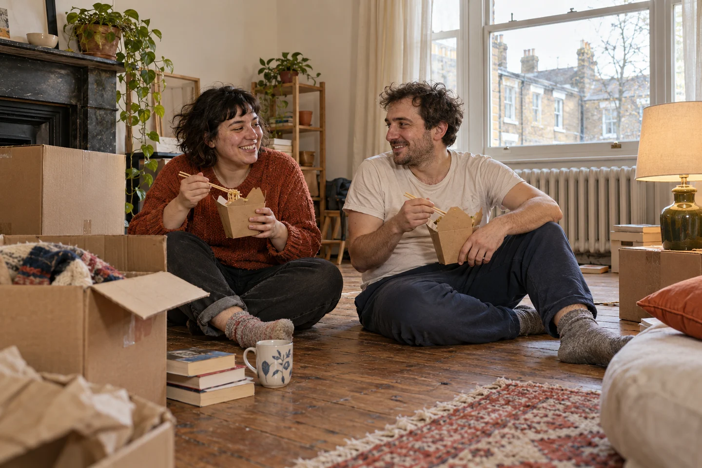 A couple eating takeaway on the floor after moving into their first flat