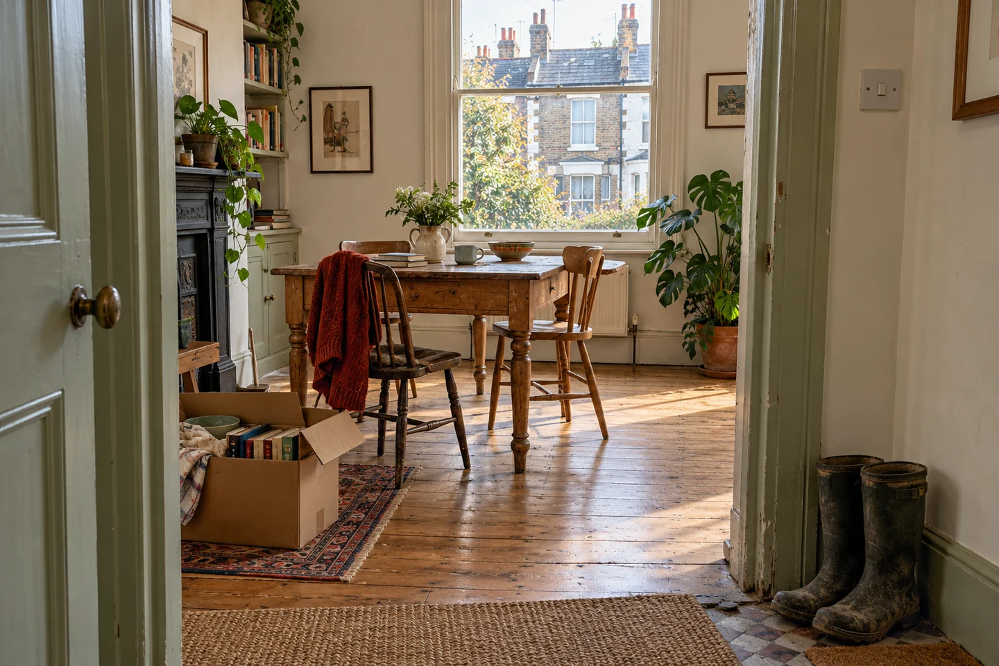 A modest London flat with moving boxes and a sunlit dining room