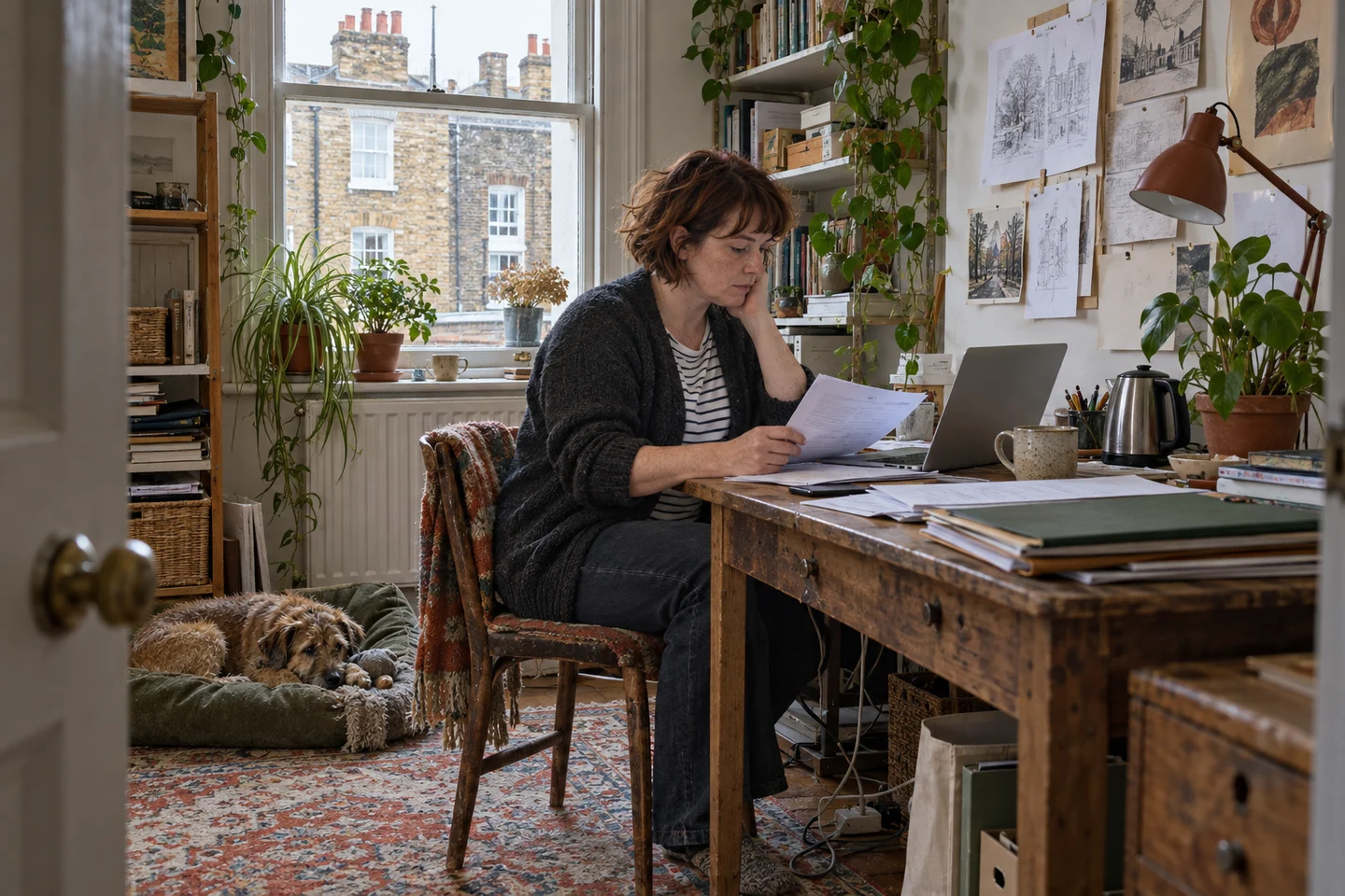 A self-employed woman looking through paperwork in her home workroom