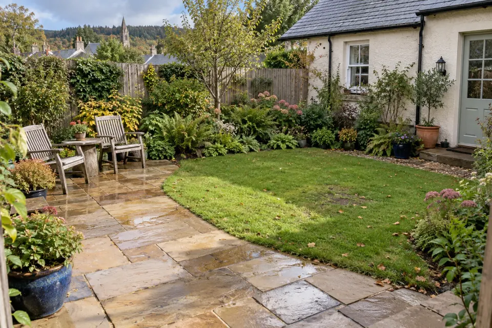 Illustrative cottage garden with stone paving and planted borders from the Highland Landscaping design study.