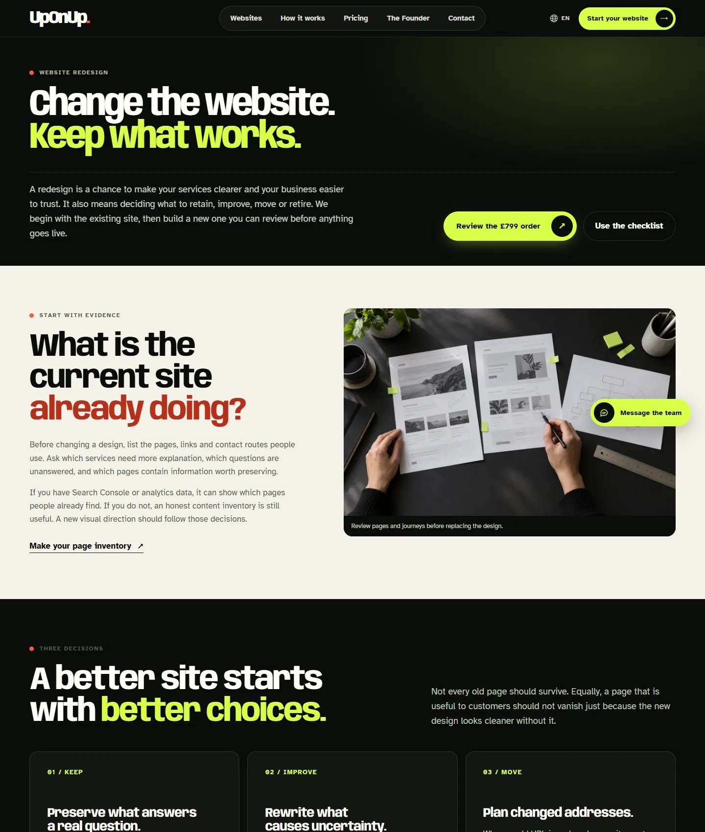 Desktop view of UpOnUp's website redesign page showing the opening promise, order link, checklist link and page review section.