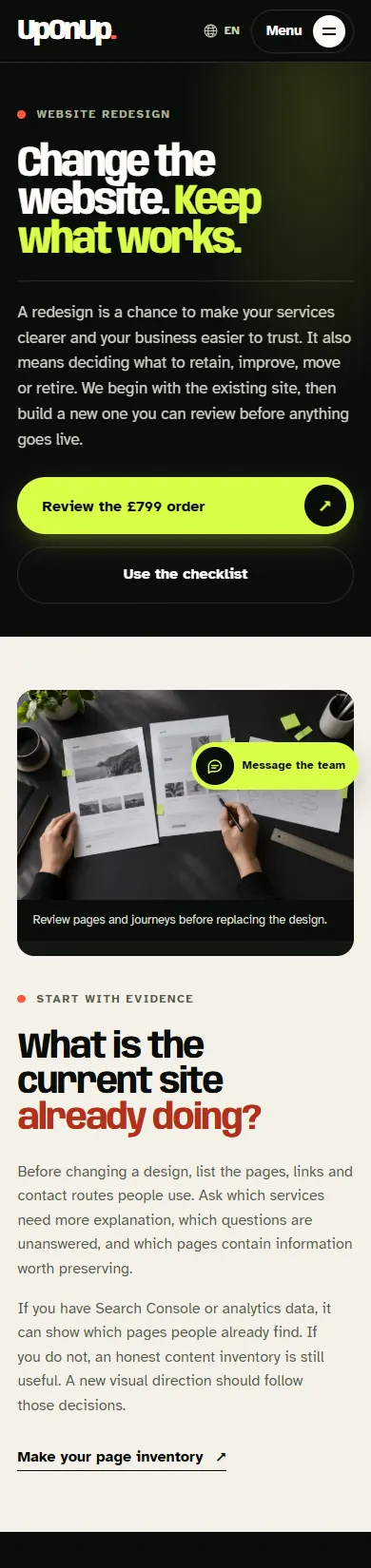 Mobile view of the same UpOnUp redesign page, with its opening actions stacked above the page review section.