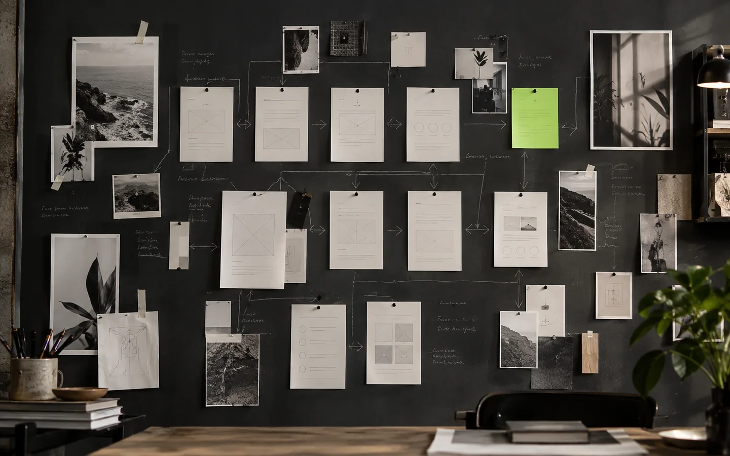 Website page layouts and research references arranged on a planning board