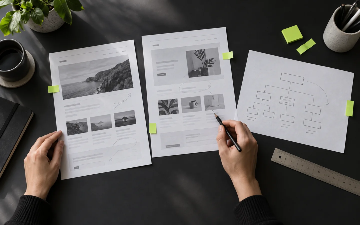 Printed website layouts being reviewed beside a page hierarchy sketch