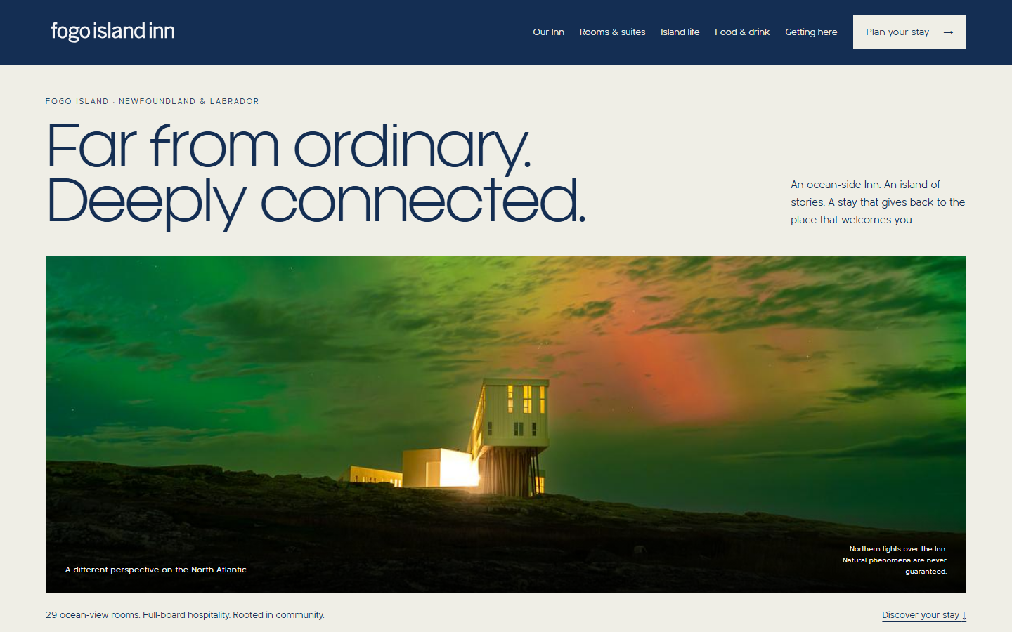 Fogo Island Inn homepage with a restrained headline and night-sky photography.
