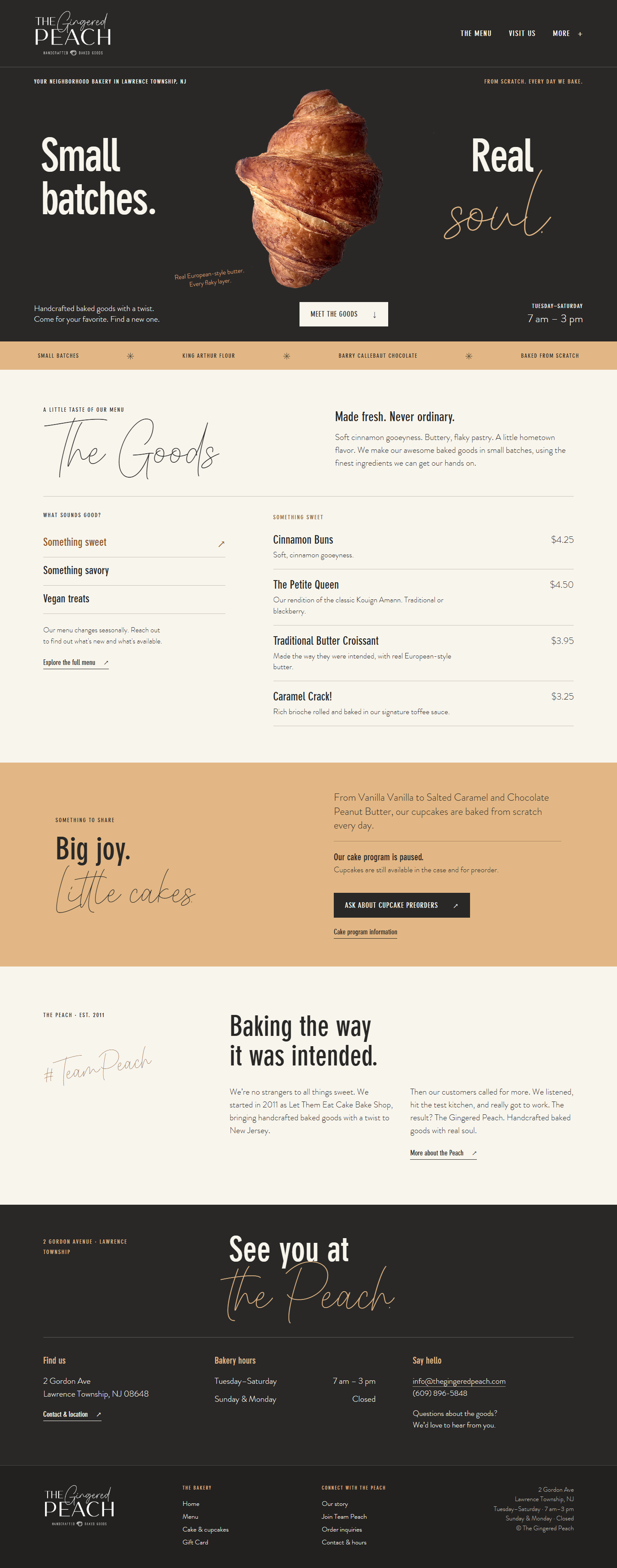 The Gingered Peach bakery homepage with a dark editorial layout and pastry photography.